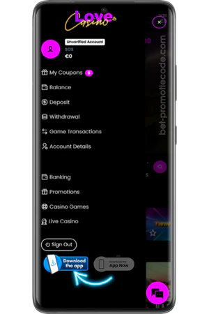Download knop Love Casino App navigatiemenu