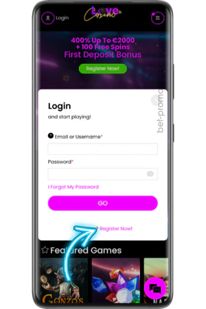 Love Casino login venster met registratie link onderaan