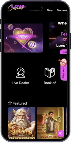 Love Casino homepage met 400% welkomstbonus tot €10.000 en 100 gratis spins
