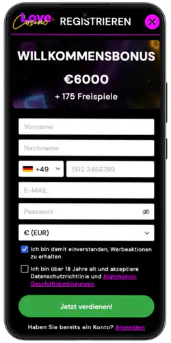 Love Casino Registrierungsbereich