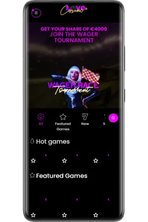 Premier écran de l’application Love Casino