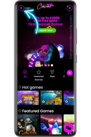 Love Casino homepage met login knop rechtsboven gemarkeerd